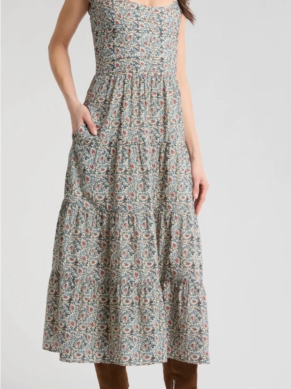 PAIGE Blue and Rust Printed Sleeveless Dress